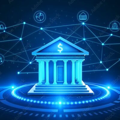 Bank concept with holographic imagery symbolizing futuristic digital finance_ Stock Illustration _ Adobe Stock