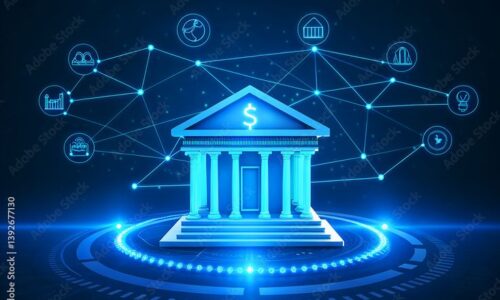 Bank concept with holographic imagery symbolizing futuristic digital finance_ Stock Illustration _ Adobe Stock